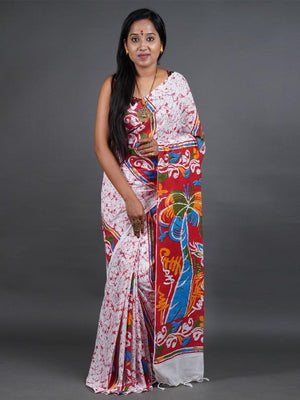 Rajwada Red Printed Cotton Saree With Unstitched Blouse for Women