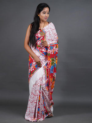 Rajwada Red Printed Cotton Saree With Unstitched Blouse for Women