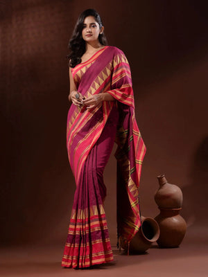 Rajwada Pink Temple Border Cotton Blend Saree  With Unstitched Blouse for Women