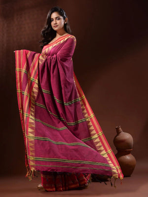 Rajwada Pink Temple Border Cotton Blend Saree  With Unstitched Blouse for Women