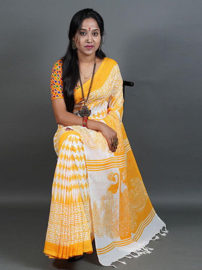 Rajwada Yellow Printed Cotton Saree With Unstitched Blouse for Women