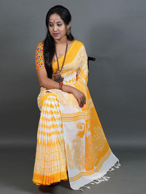 Rajwada Yellow Printed Cotton Saree With Unstitched Blouse for Women