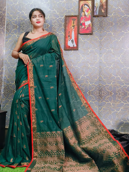 Rajwada Green Woven Cotton Saree With Unstitched Blouse for Women