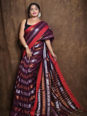 Rajwada Purple Woven Cotton Saree with Unstitched Blouse for Women
