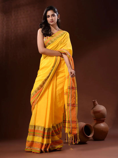 Rajwada Yellow Temple Border Cotton Blend Saree  With Unstitched Blouse for Women