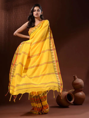 Rajwada Yellow Temple Border Cotton Blend Saree  With Unstitched Blouse for Women