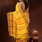 Rajwada Yellow Temple Border Cotton Blend Saree  With Unstitched Blouse for Women