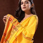Rajwada Yellow Temple Border Cotton Blend Saree  With Unstitched Blouse for Women