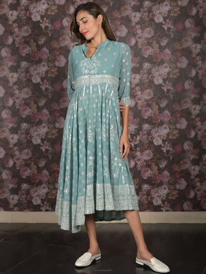 Rajwada Sea Green Foil Printed Fit and Flared Stitched Georgette Kurta for Women