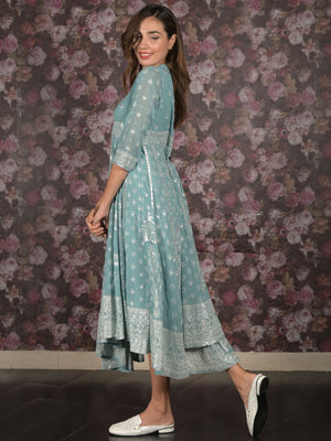 Rajwada Sea Green Foil Printed Fit and Flared Stitched Georgette Kurta for Women