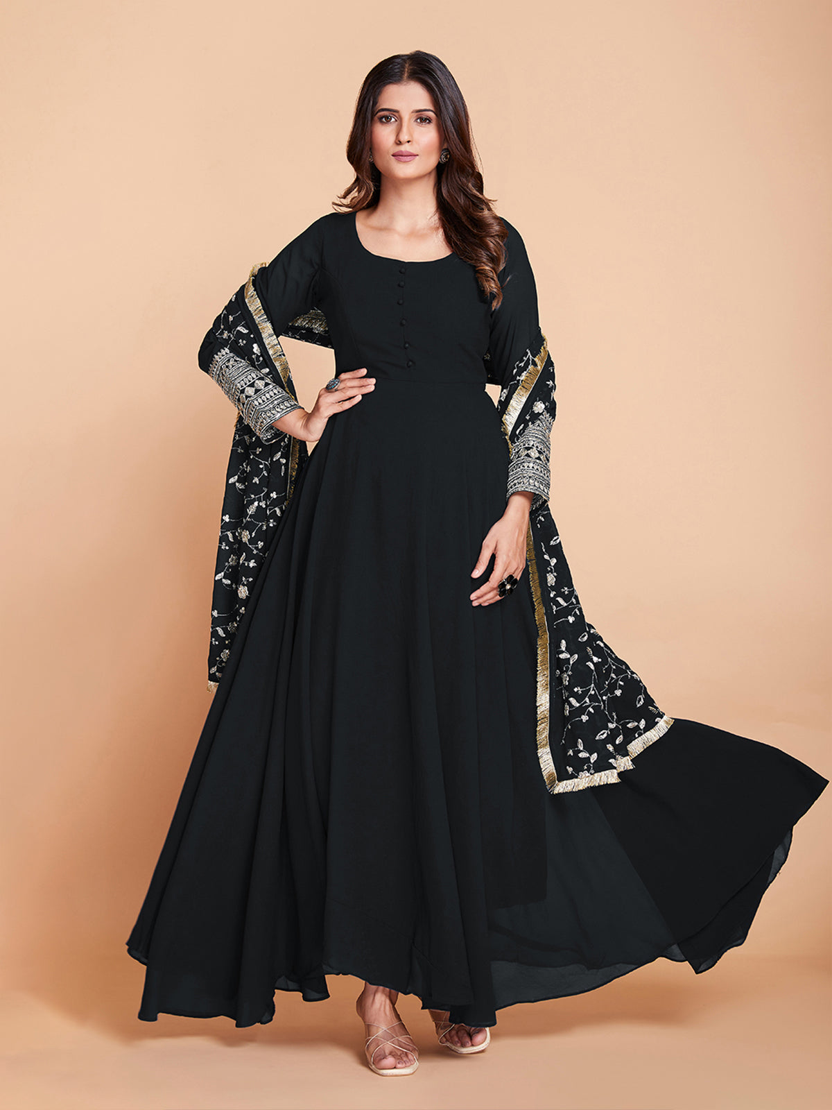 Black Faux Georgette Solid Stitched Kurta Set