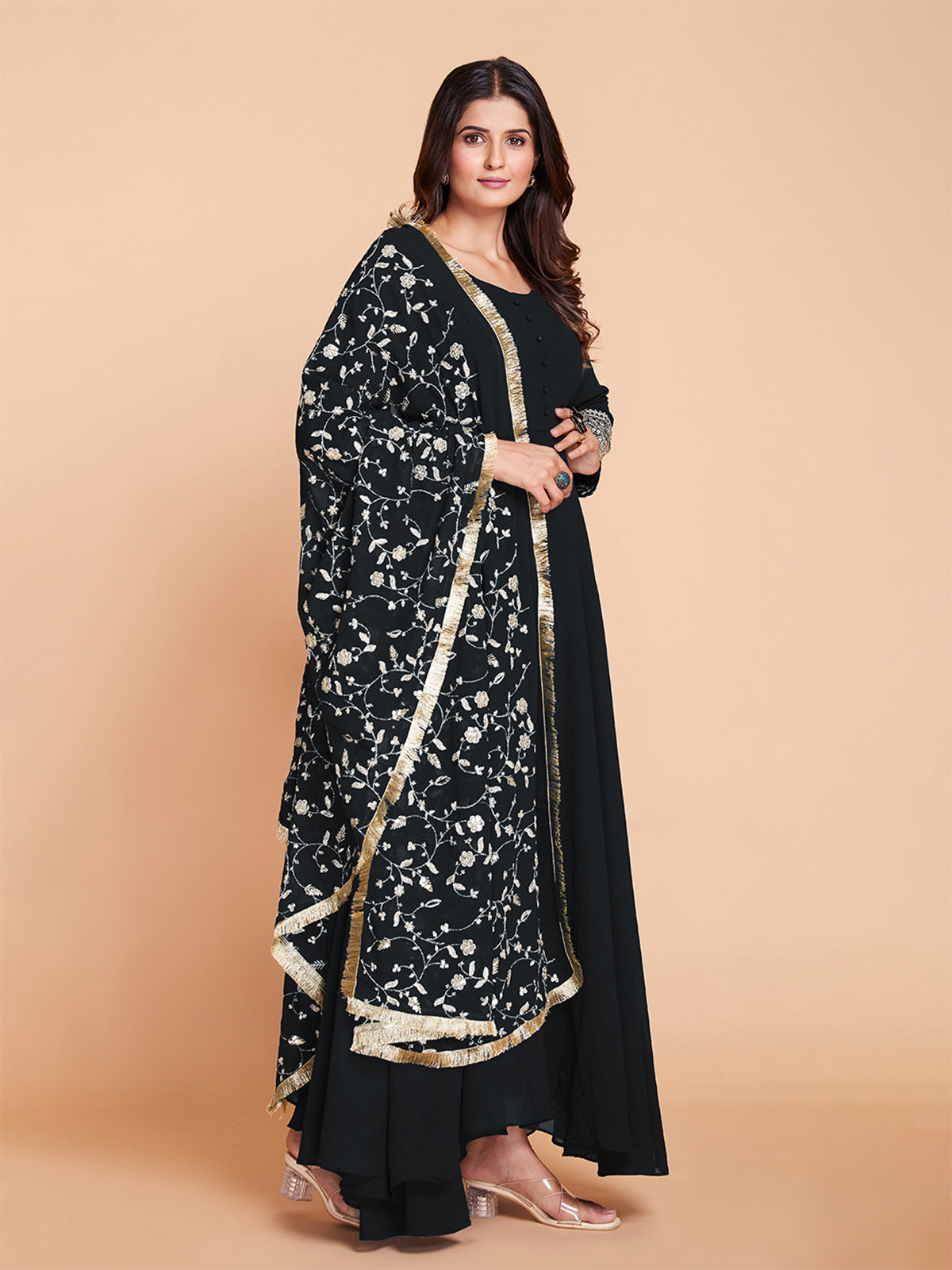 Black Faux Georgette Solid Stitched Kurta Set