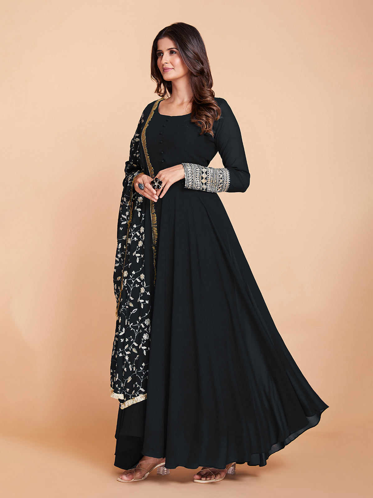 Black Faux Georgette Solid Stitched Kurta Set