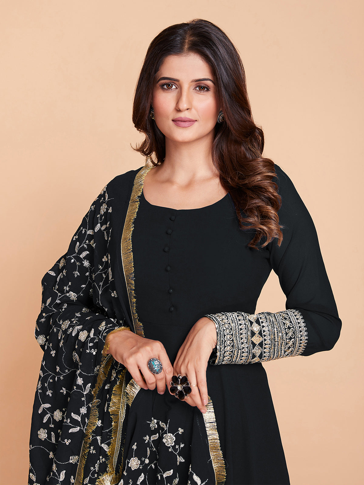 Black Faux Georgette Solid Stitched Kurta Set