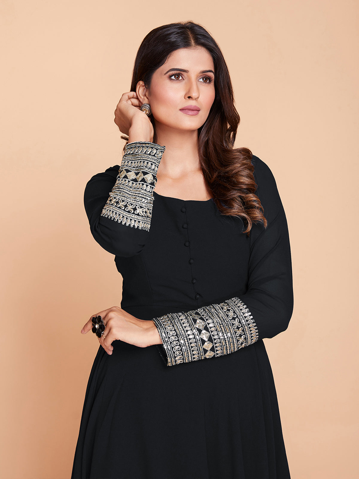 Black Faux Georgette Solid Stitched Kurta Set