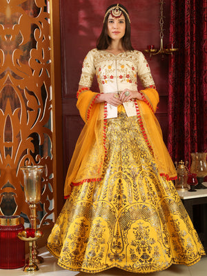 Rajwada Women Yellow Silk Foil Work Semi Stitched Lehenga With  Unstitched Blouse