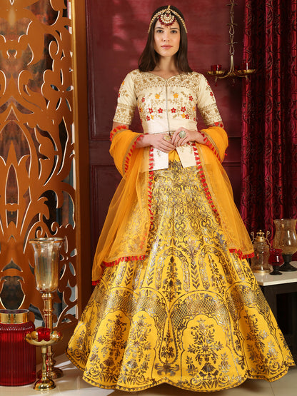Rajwada Women Yellow Silk Foil Work Semi Stitched Lehenga With  Unstitched Blouse