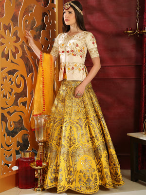 Rajwada Women Yellow Silk Foil Work Semi Stitched Lehenga With  Unstitched Blouse