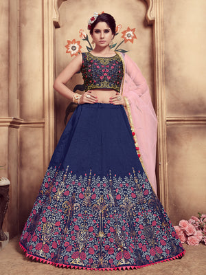 Rajwada Women Dark Blue Silk Foil Work Semi Stitched Lehenga With  Unstitched Blouse
