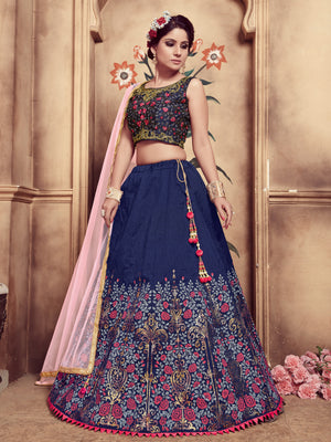 Rajwada Women Dark Blue Silk Foil Work Semi Stitched Lehenga With  Unstitched Blouse