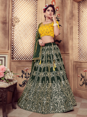 Rajwada Women Dark Green Silk Foil Work Semi Stitched Lehenga With  Unstitched Blouse