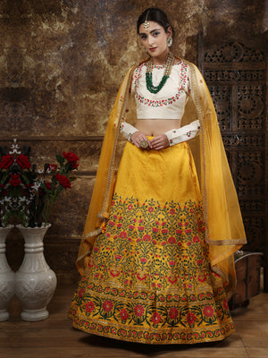 Rajwada Women Mustard Yellow Thai Silk Embroidered Semi Stitched Lehenga With  Unstitched Blouse