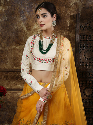 Rajwada Women Mustard Yellow Thai Silk Embroidered Semi Stitched Lehenga With  Unstitched Blouse