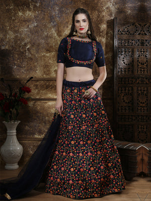 Rajwada Women Dark Blue Blend Silk Embroidered Semi Stitched Lehenga With  Unstitched Blouse