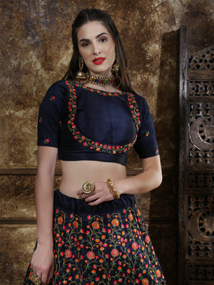 Rajwada Women Dark Blue Blend Silk Embroidered Semi Stitched Lehenga With  Unstitched Blouse