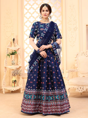 Rajwada Women Navy Blue Semi Stitched Lehenga With  Unstitched Blouse
