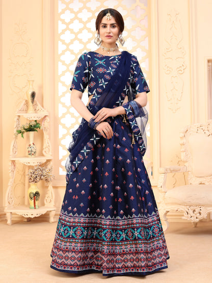 Rajwada Women Navy Blue Semi Stitched Lehenga With  Unstitched Blouse