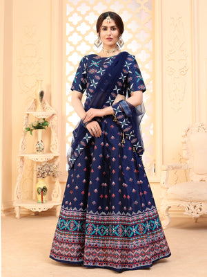 Rajwada Women Navy Blue Semi Stitched Lehenga With  Unstitched Blouse