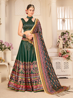 Rajwada Women Dark Green Semi Stitched Lehenga With  Unstitched Blouse
