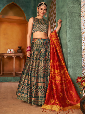 Rajwada Women Olive Green Semi Stitched Lehenga With  Unstitched Blouse