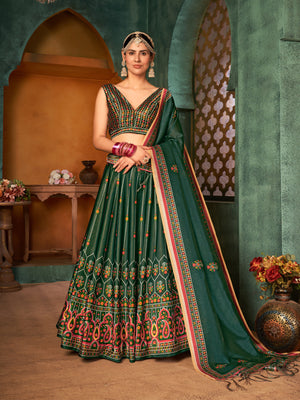 Rajwada Women Dark Green Semi Stitched Lehenga With  Unstitched Blouse