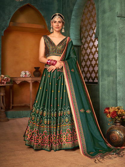 Rajwada Women Dark Green Semi Stitched Lehenga With  Unstitched Blouse