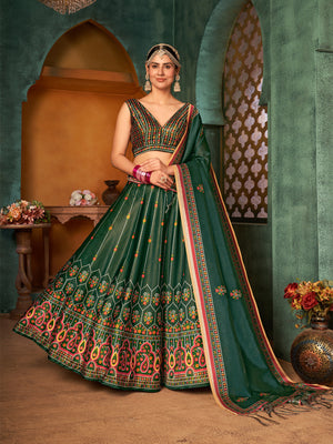 Rajwada Women Dark Green Semi Stitched Lehenga With  Unstitched Blouse