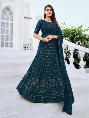 Rajwada Women Classy Teal Georgette Semi-Stitched Lehenga Choli