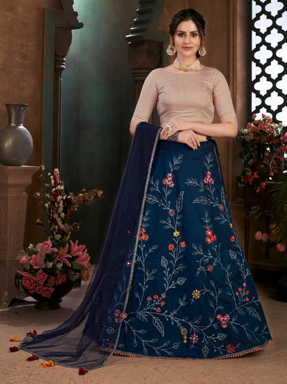 Rajwada Women Navy Blue Semi Stitched Lehenga With  Unstitched Blouse