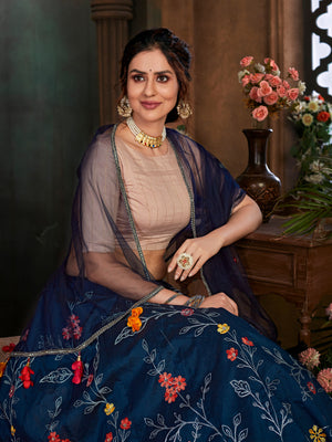 Rajwada Women Navy Blue Semi Stitched Lehenga With  Unstitched Blouse