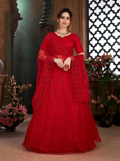 Rajwada Women Red Semi Stitched Lehenga With  Unstitched Blouse