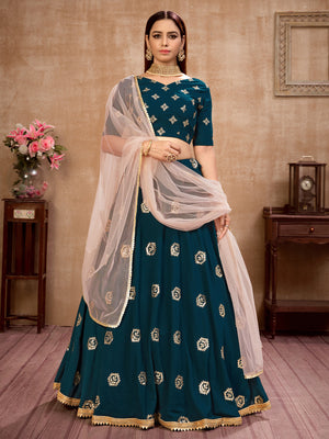 Rajwada Women Teal Semi Stitched Lehenga With  Unstitched Blouse