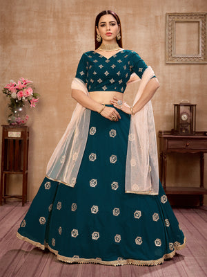 Rajwada Women Teal Semi Stitched Lehenga With  Unstitched Blouse