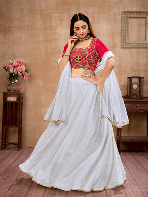Rajwada Women White Semi Stitched Lehenga With  Unstitched Blouse