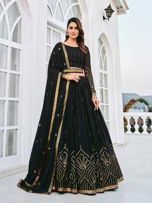Rajwada Women Classy Black Georgette Semi-Stitched Lehenga Choli