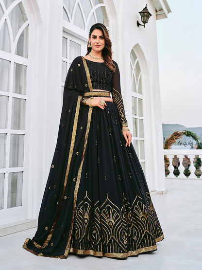 Rajwada Women Classy Black Georgette Semi-Stitched Lehenga Choli