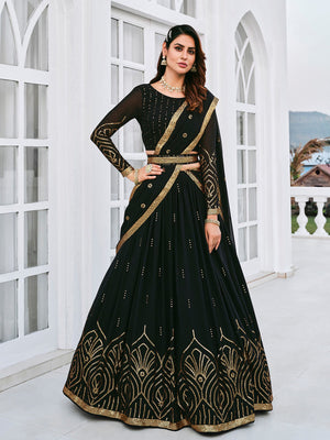 Rajwada Women Classy Black Georgette Semi-Stitched Lehenga Choli