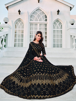 Rajwada Women Classy Navy Blue Georgette Semi-Stitched Lehenga Choli