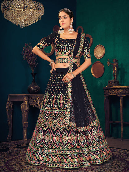 Rajwada Women Navy Blue Semi Stitched Lehenga With  Unstitched Blouse