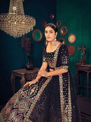 Rajwada Women Navy Blue Semi Stitched Lehenga With  Unstitched Blouse